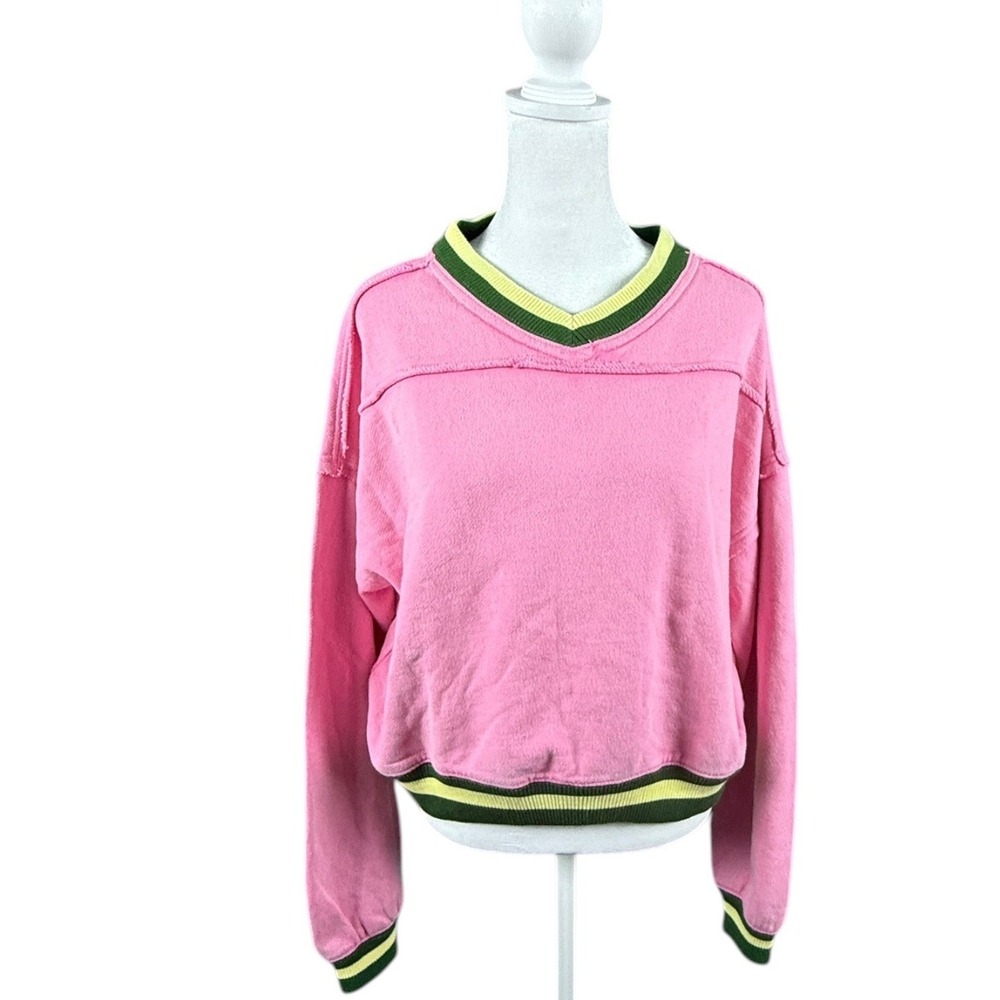 Free People  Sweatshirt Womens Medium Pink V-Neck Cropped‎ Striped Trim Boxy Top
